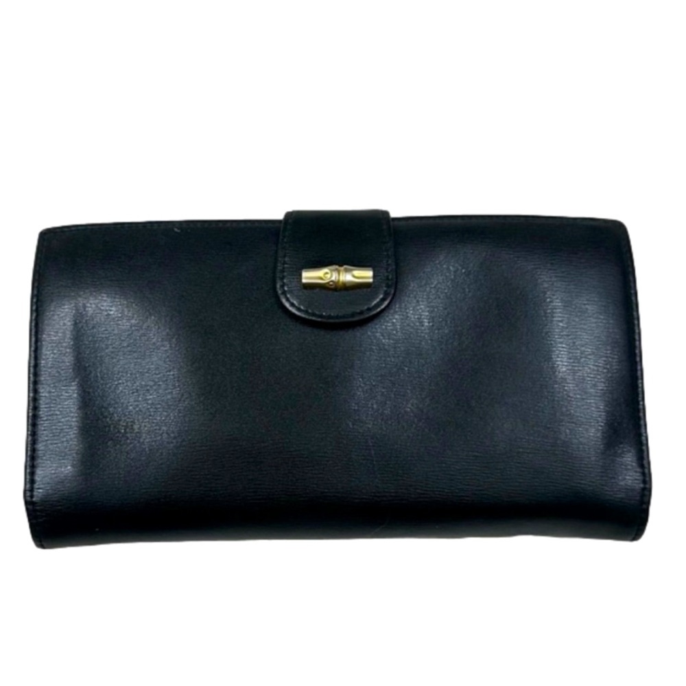 Longchamp Vintage Black Leather large Bi-Fold Coin Credit Card Wallet